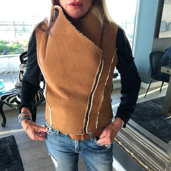 NAMELESS Faux Sherpa Vest Jacket Thick Warm Sleeveless Cognac & Cream Moto Zip S - Picture 5 of 16